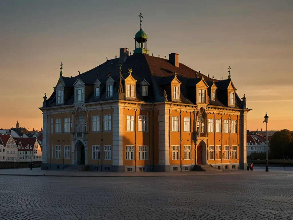 Historisk bygning i aftenlys